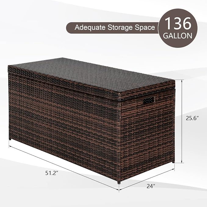 Bonnlo 132 Gallon Wicker Storage Box - Outdoor Rattan Deck Box with Bench Seat, Multi-Use Storage for Patio, Pool, Garden, Balcony