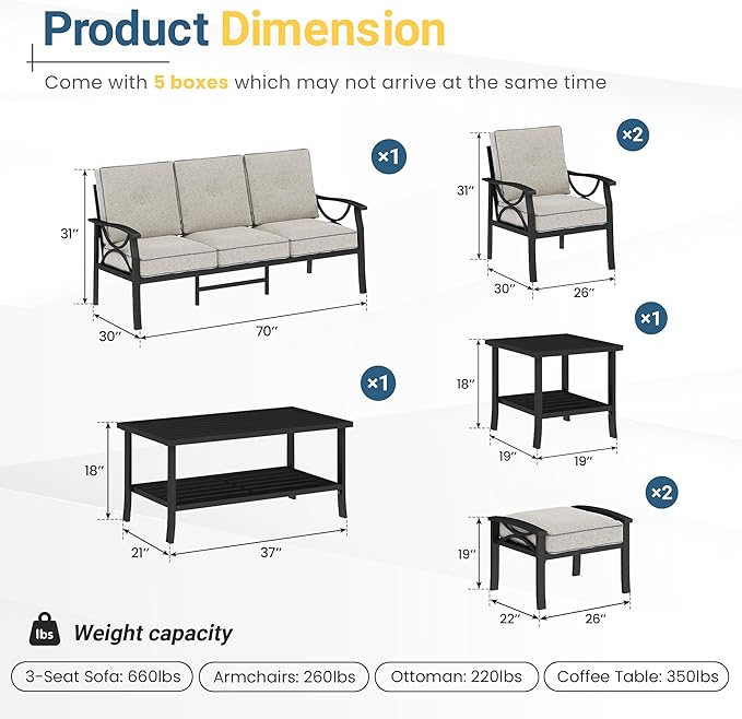 RoyalCraft 7-Pieces Outdoor Patio Furniture Set, Outdoor Metal Sectional Furniture with Cushions, Outdoor Conversation Seating Set with Coffee Table for Balcony, Backyard, Garden, Deck, Black