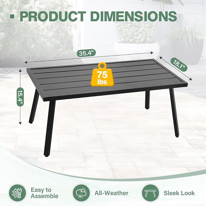 COOS BAY Urban Oasis Metal Patio Table, Small Rectangle Coffee Table, Weather-Resistant Modern Outdoor Furniture, Black