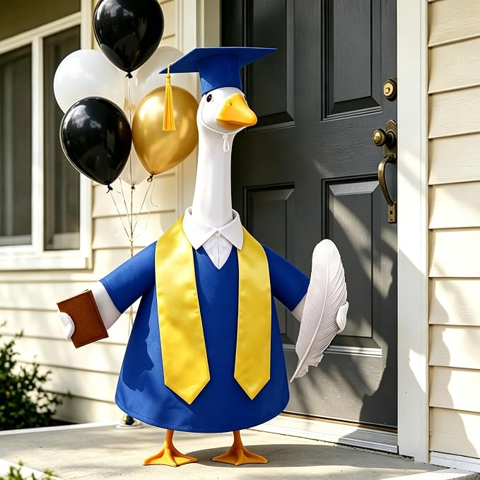 Graduation Porch Goose Outfit for 23" Porch Goose Holiday Graduation Cap and Gown Stoles Outdoor Garden Patio Yard Lawn Art Decoration (Blue)