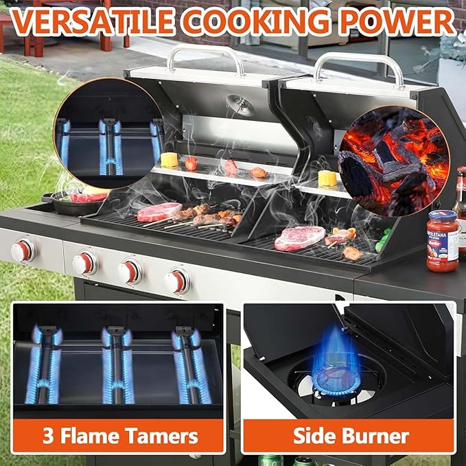 3 Burner Propane Gas and Charcoal Grill Combo with Side Burner & Porcelain-Enameled Cast Iron Grates, 37230BTU Output Dual Fuel Outdoor BBQ Grill for Patio Garden Picnic Backyard Barbecue Cooking