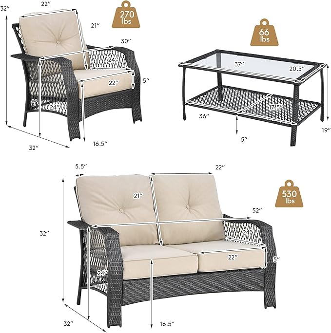 Tangkula 4 Pieces Outdoor Patio Furniture Set, Patiojoy PE Wicker Conversation Sofa Set with Tempered Glass Coffee Table, Sectional Rattan Patio Sofa Set for Garden, Backyard, Poolside (Beige)