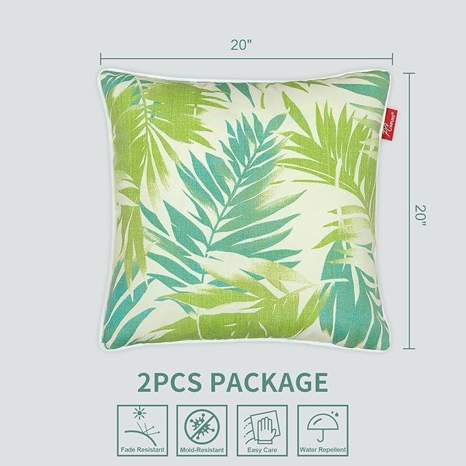 Pcinfuns Pack of 2 Outdoor Throw Pillows,20x20 Inch All-Weather Water-Resistant Patio Pillows with Inserts,Decorative Pillows for Patio Furniture,Couch,Sofa,Poolside,Green Leaf