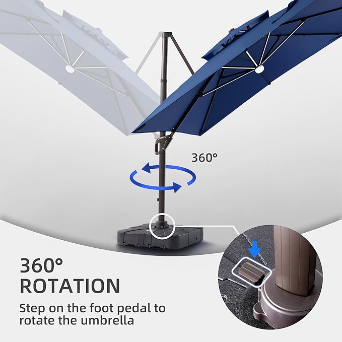 9 X 12 FT Cantilever Patio Umbrella with Led Lights and Base Included Heavy Duty Outdoor Double Top Large Rectangle Offset Umbrellas with 360-degree Rotation for Garden Pool Deck Backyard, Navy