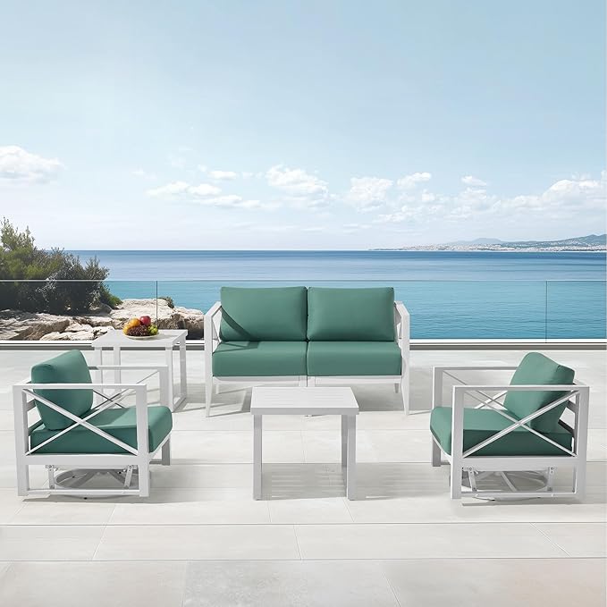 MBY Patio Furniture Set with Swivel Rocking Chairs & Coffee Table – 4-Seat Aluminum Outdoor Conversation Set, Weather-Resistant for Balcony, Poolside, Garden – White