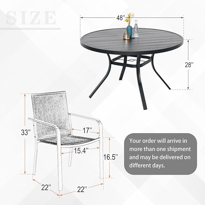 Anmutig 7 Piece Patio Dining Set 48 Inch Round Table Stackable Chairs Brown | Powder-Coated Steel Frame, Quick-Dry Textilene Mesh, Dual-Size Umbrella Hole, Weather Resistant, Patio, Garden, Backyard