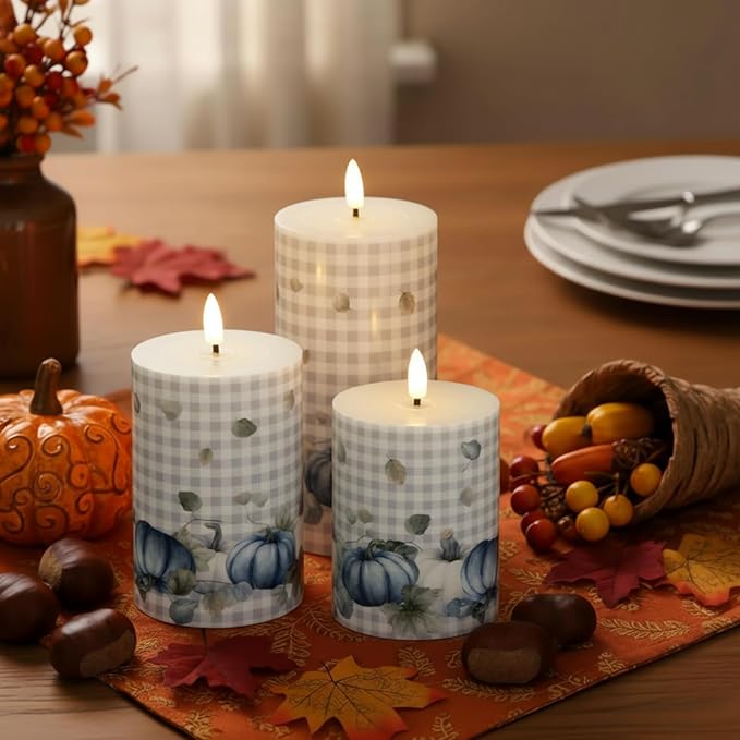 Tuanse 3 Pcs Thanksgiving Fall Flameless Candles Maple Leaf LED Candle Lights Battery Operated Candles Mixed Size Flickering LED Light for Fall Thanksgiving Halloween Harvest(Pumpkin)