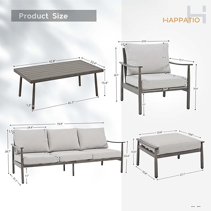 HAPPATIO Patio Outdoor Furniture Set - 6 Pieces Aluminum Outdoor Conversation Set with 1 Three-Seater Sofa, 1 Coffee Table, 2 Armchairs, and 2 Ottomans for Yard, Porch, and Deck (Grey)