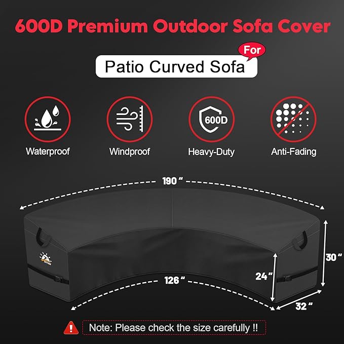Zettum Outdoor Curved Sectional Cover - Patio Sectional Sofa Cover, 600D Waterproof Patio Furniture Covers for 5-7 Seater Outdoor Sectional Sofa and Couch, 190"(Back)/126"(Front)