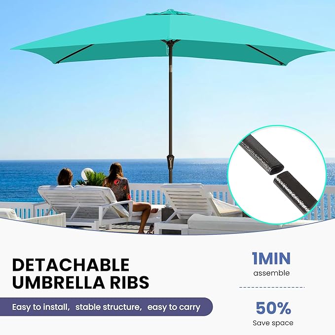Ayge 6.5x10FT Rectangular Patio Umbrella Outdoor Table Umbrella w/Push Button Tilt & Crank Rectangle Market Umbrella UV Protection for Garden,Deck,Lawn,Yard & Pool,Turquoise