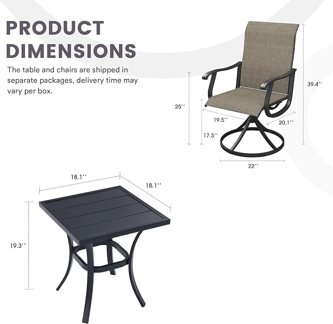 3 Pieces Small Patio Dining Set, 2 Textilene Swivel Chairs and Small Square Outdoor Table, Outdoor Furniture Set for Porch, Lawn, Garden, Black/Brown