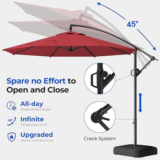 HOMSHADE 10ft Patio Umbrella with Base Included, Cantilever Umbrella UPF50+ UV Protection with Easy Tilt and Crank for Pool Deck and Garden(Red)
