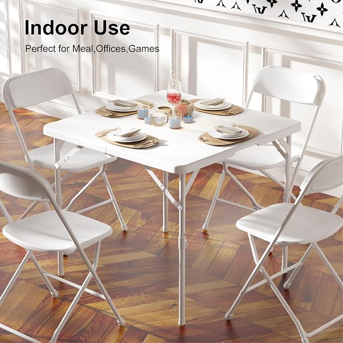 34" Folding Table, Portable Square Folding Card Table, Picnic Tables with Collapsible Legs & Carrying Handle (White, 2 Pack)