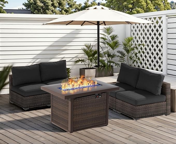 5 Piece Patio Furniture Set with Fire Pit Table, Outdoor Sectional Sofa PE Rattan, Patio Conversation Sets with Cushions for Garden Lawn Balcony Porch Deck Black