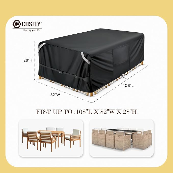 COSLFY Waterproof Patio Furniture Covers for Table and Chairs, Heavy-Duty 600D Oxford Outdoor Dining Set Cover with Drawstring, UV-Resistant All-Weather Protection, Fits 108L x 82W x 28H Inch(Black)