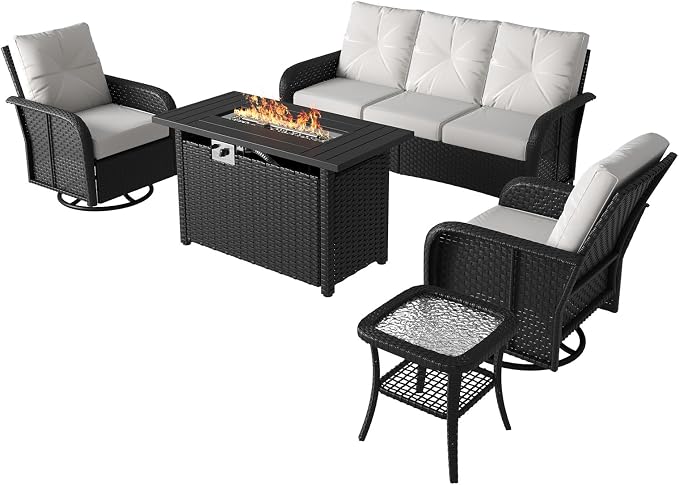 LazySunsets 7 Piece Outdoor Patio Furniture Set with 44'' Fire Pit Table, Outdoor Patio Furniture Set with High Back Swivel Rocker Chairs, Wicker Sofa Set with Thick Cushions, Beige