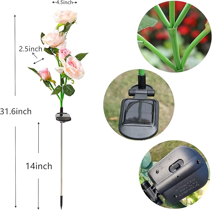 SmilingTown Solar Garden Stake Lights 2 Pack with 10 Rose Flowers Landscape Path Decorative Lights Waterproof for Outdoor Yard Grave Cemetery Pathway Courtyard Lawn (Pink)