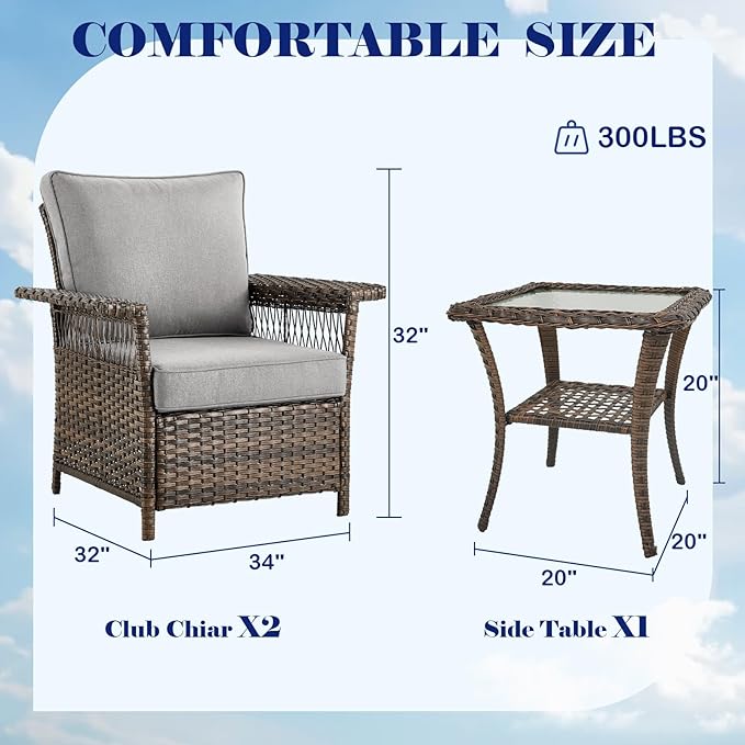 Outdoor Patio Chairs Wicker Chair - 3 Piece Rattan Patio Bistro Chairs Set with Sturdy Frame,All-Weather PE Wicker and Comfortable Cushions,1 Side Table for Outside Porch Deck Balcony(Brown/Grey)