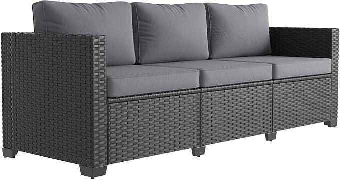 Aoxun 1 Piece 3-Seats Sofa Patio Furniture Set, Wicker Outdoor Furniture Conversation Set with 4" Thick Cushions for Deck Yard and Poolside Grey
