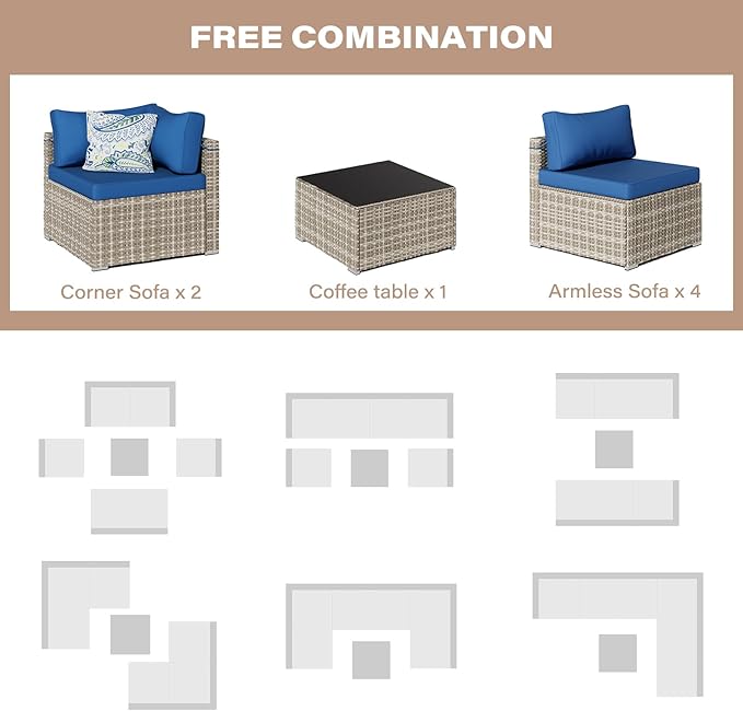 7-Piece Gray Rattan Patio Furniture Sets, Outdoor Conversation Sofa Sets with Water Resistant Blue Cushions & Tempered Glass Coffee Table, Modular Outdoor Sectional Sofa Sets with 2 Pillows