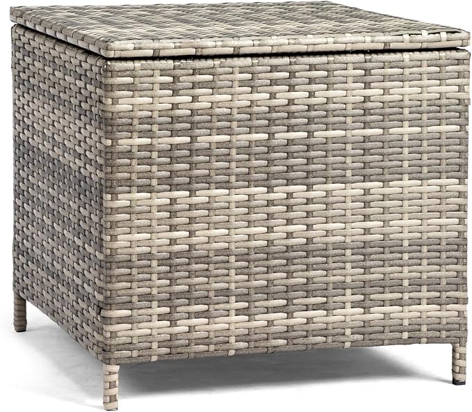 Outdoor Wicker Side Table with Lid, All-Weather Rattan Side Table with Storage, 27-Gallon Capacity, Water-Resistant Wicker Patio Table, for Outdoor Patio and Garden, Grey