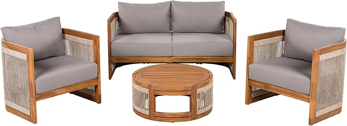 4-Piece Patio Conversation Set, All Weather Sectional Sofa Set w/ 2 Chairs, Loveseat & Table Premium, Acacia Wood Outdoor Furniture Set with Woven Rope Accents and Cushions (Grey+Teak)