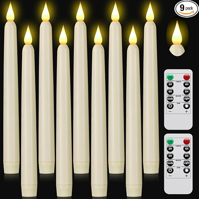 Flameless Taper Candles with Remote Control,9pack Dripless Plastic LED Candles,Flickering Battery Operated,9.2'’Classic Tall Candle for Wedding, Party,Halloween,Christmas,Home Decor (Ivory)