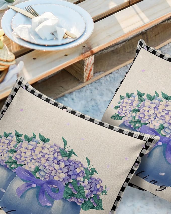 Hydrangea Outdoor Pillow Shams Set of 2, Decorative Pillowcases Cushion Case, Soft Throw Pillow Covers Waterproof Pillow Case 18x18 Inch, Purple Flowers in Jar Black Plaid Unfailing Love