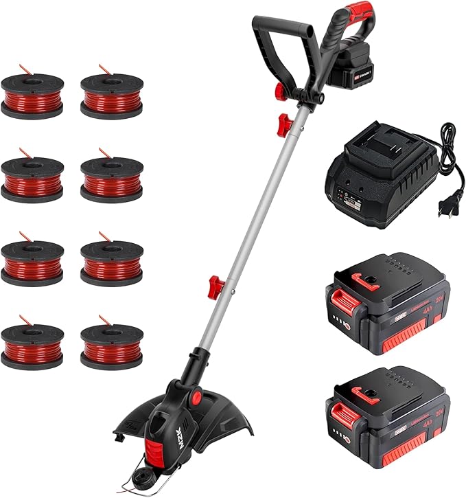 MZK 20V 12'' Cordless String Trimmer, Auto Line Feed Weed Trimmer, Lawn and Garden Edger Comes with 8 Replacement Spools, 2 * 4AH Battery and Charger Included, ST12D07Y