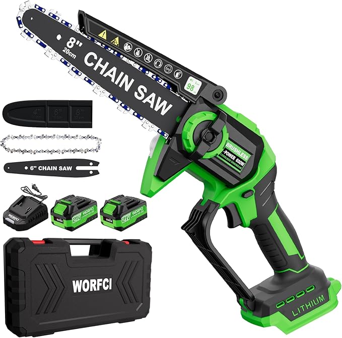 8-Inch Mini Chainsaw with 2Pcs Batteries&Charger, Brushless Cordless Chainsaws with Auto-Oiler, Electric Chain Saw Perfect Gardening Tools for Wood/Trees Pruning, Gifts for Men Women