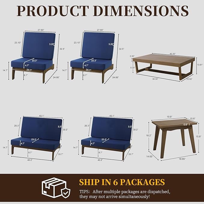 UIXE 6 Pieces Wood Patio Furniture Sets, 2 Patio Loveseat, 2 Patio Bistro Chair, All Weather Outdoor Sectional Sofa Furniture Backyard Conversation Set with Coffee Table - Navy