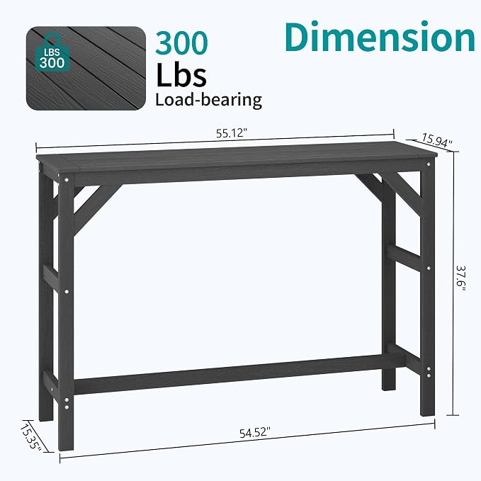 55" HIPS Outdoor Bar Table, All-Weather Patio Bar Counter Height Table, Rectangle Black Bar Height Table for Outside, Garden, Backyard, Balcony, Poolside, Black