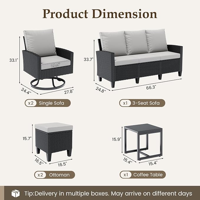 UDPATIO Patio Furniture Set, 6 Pieces Outdoor Conversation Sets with Swivel Chairs, All-Weather Wicker Rattan Patio Sofa with Ottomans and Glass Side Table for Backyard, Deck, Porch, Grey/Black