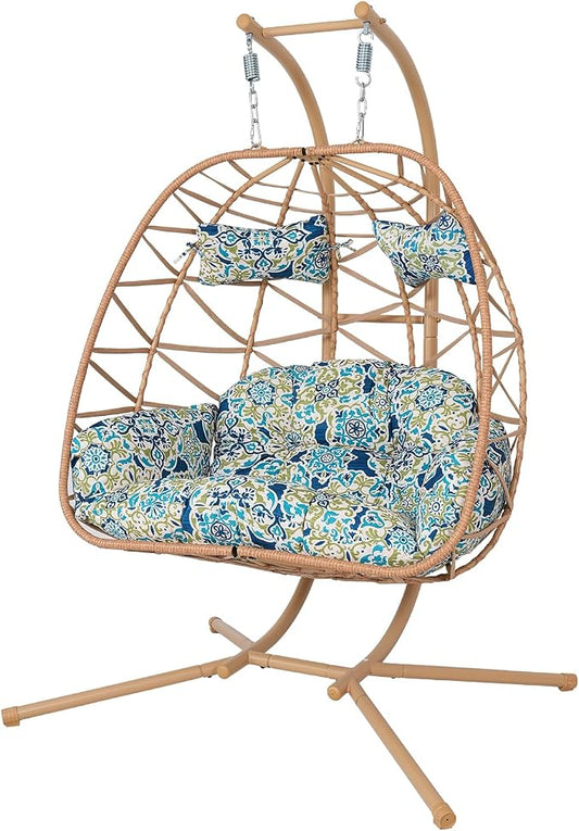 Double Egg-Shaped Hammock Chair, Swing Egg Chair, Wicker Hanging Chair with Removable Washable Cushion