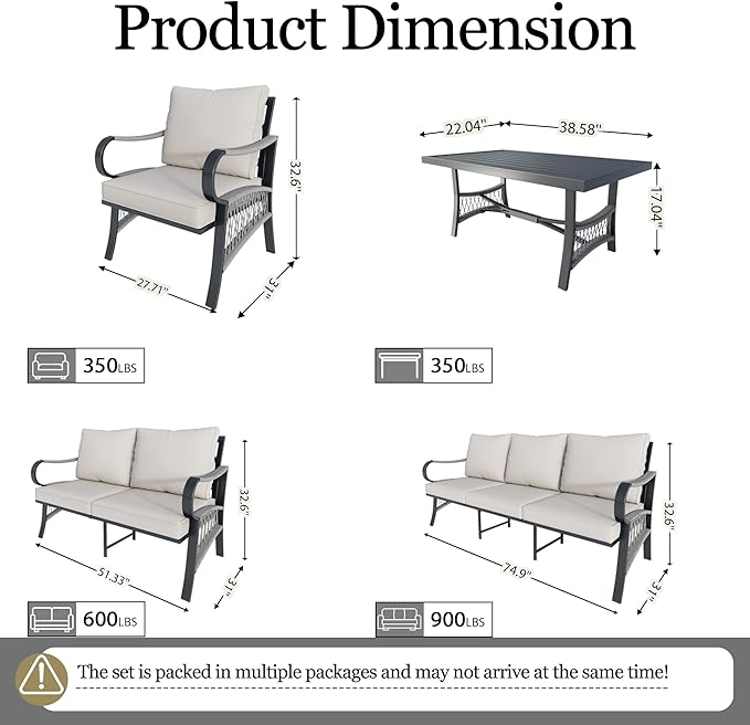5 Pieces Patio Conversation Sets, All Weather Metal Outdoor Furniture Set with Sectional Sofa Loveseat Couch for Backyard Garden Deck Porch Poolside (Beige Cushions)