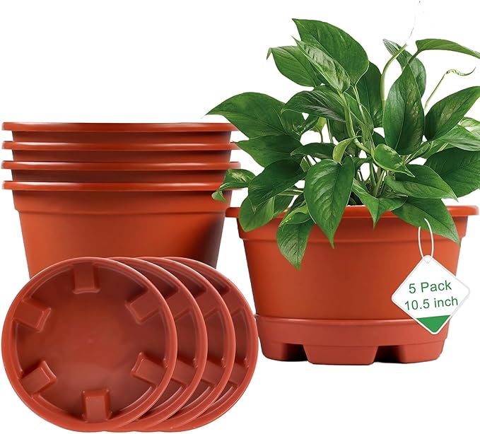 KPUVX 5 Pack 10.5 inch Plant Pots,Planter-Pots-for-Plants-Indoor-Outdoor，Plastic Flower Pot for Indoor Outdoor Plants with Drainage Holes & Trays, Decorative Garden Containers Sets for Houseplants