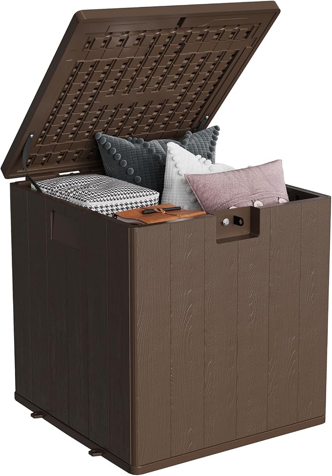 Jojoka Brown Resin Deck Box, Outdoor Waterproof Lockable Storage Box, Patio Square Container for Package Delivery, Furniture Cushions, Garden Tools, Pool Accessories