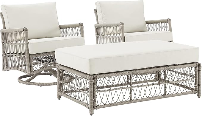 Crosley Furniture Thatcher 3-Piece Outdoor Swivel Rocker Chair and Ottoman Patio Furniture Set, Wicker Conversation Sets for Porch, Driftwood with Creme Cushions