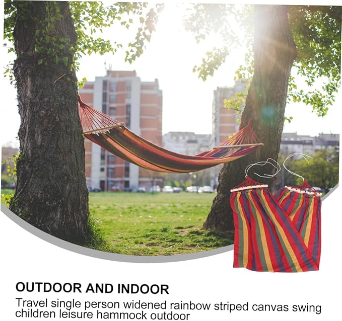 DOITOOL Single Person Hammock Outdoor Swing Rainbow Striped Canvas Cotton Camping and Backyard Hammock with Anti-tip Design, Widened Red Seat