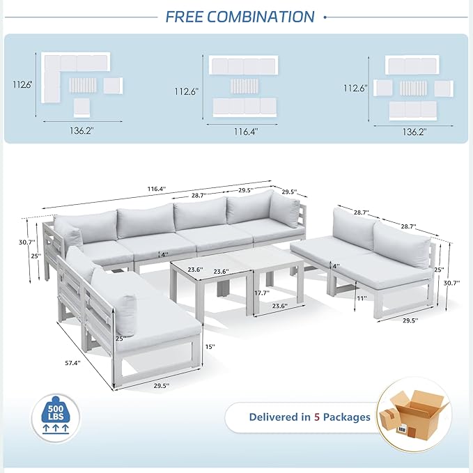 NICESOUL 10 Pcs L-Shaped Contemporary Aluminum Outdoor Furniture Set, 29" Deep Wide Large Couch Set, 500 lbs High Weight Capacity Modular Patio Sectional Sofa with Side Table for Garden, Light Grey