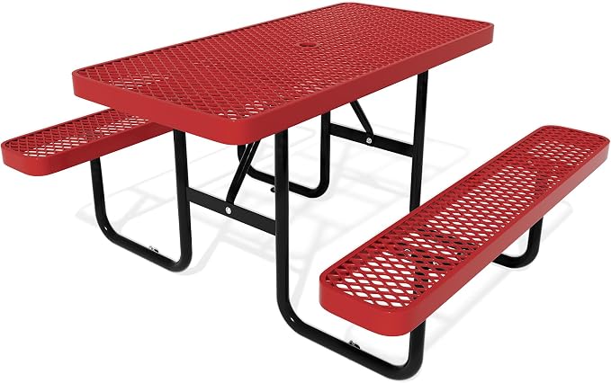 4FT Rectangular Steel Outdoor Picnic Table,Commercial Red Picnic Table Bench Set with Umbrella Hole, Weather-Resistant Heavy Duty School Dining Table for Patio, Garden, Backyard