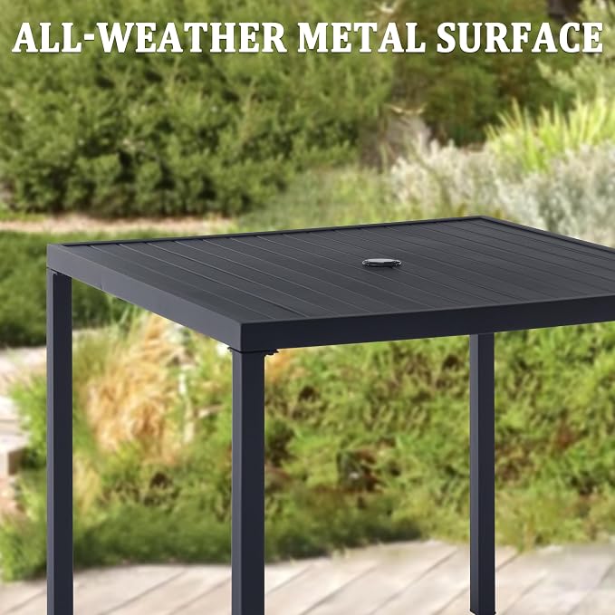 Square Outdoor Dining Table for 4, Metal Patio Dining Table with Umbrella Hole for Garden, Backyard and Deck, Black
