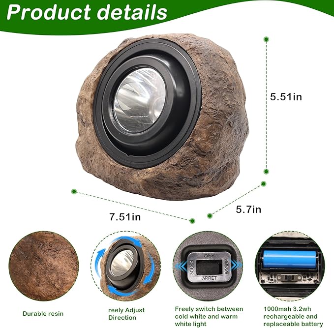 Solar Rock Lights Outdoor,2 Pack IP65 Waterproof LED Solar Brown Garden Stone Spotlights,Warm White & Cool White Switchable,Auto On/Off Landscape Lights for Pathway Walkway Yard Patio