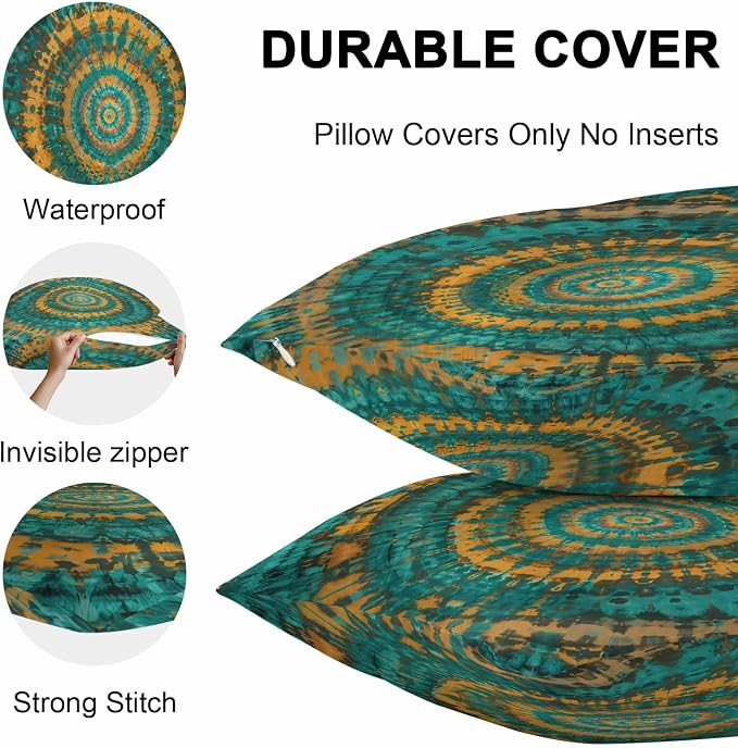 Vandarllin Outdoor Throw Pillows Covers 18x18 inch Set of 2 Waterproof Turquoise Yellow Tie-Dye Art Decorative Zippered Cushion Covers for Patio Furniture, Abstract Boho Tribe Lumbar Pillowcases