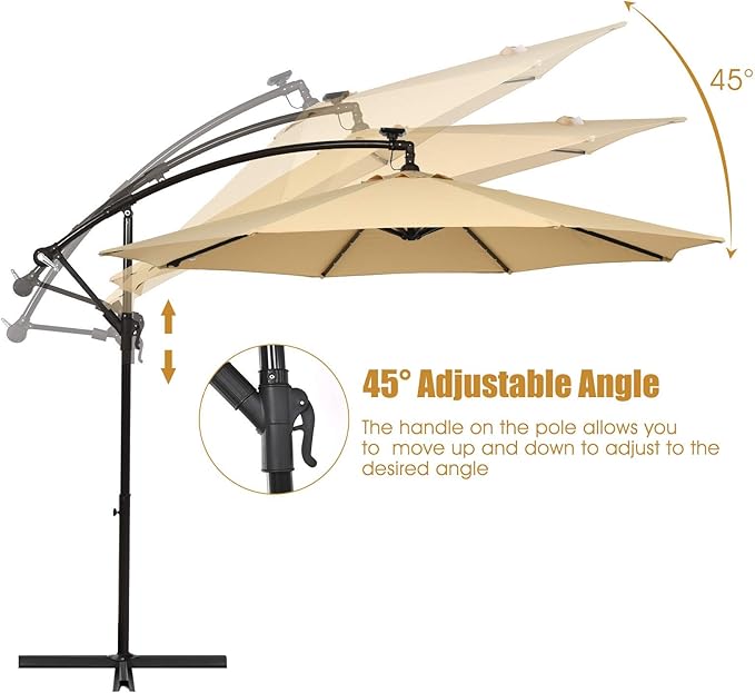 Tangkula 10 Ft Patio Offset Umbrella, 40 LED Lighted Market Umbrella W/8 Sturdy Ribs, Easy Tilt Adjustment & Crank, Polyester Shade, Ideal for Backyard, Garden, Seaside, Store, Pool (Beige)