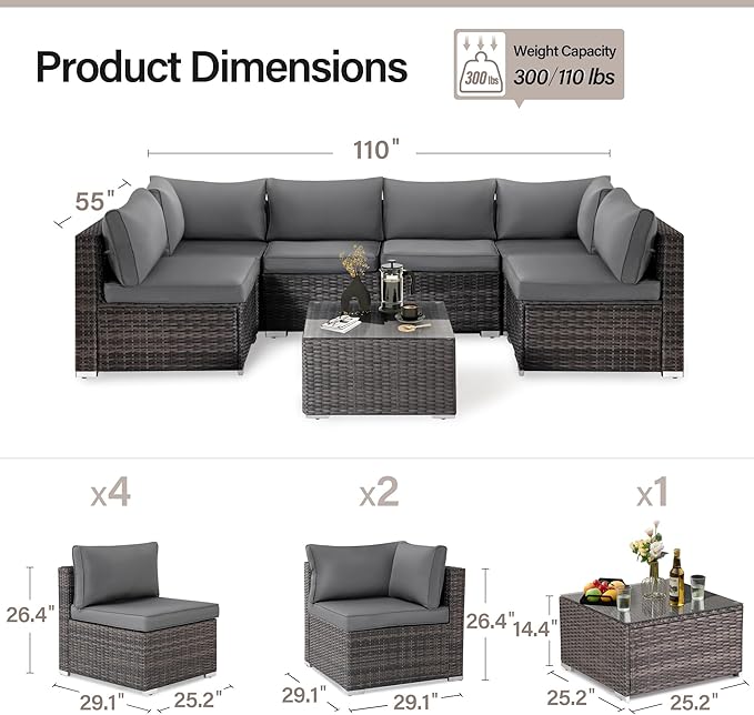 LAUSAINT HOME Outdoor Patio Furniture, 7 Pieces Outdoor Sectional PE Rattan Wicker Patio Furniture Sets, All Weather Garden Conversation Seat with Cushion and Glass Coffee Side Table (Grey)