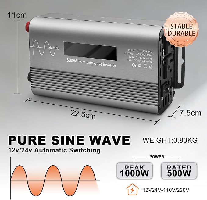 500W Pure Sine Wave Power Inverter with Digital Display,Dual AC Outlets & Fast Charging USB/Type-C,12V/24V to 110V AC Converter with Overload Protection for Car RV Truck Home Camping