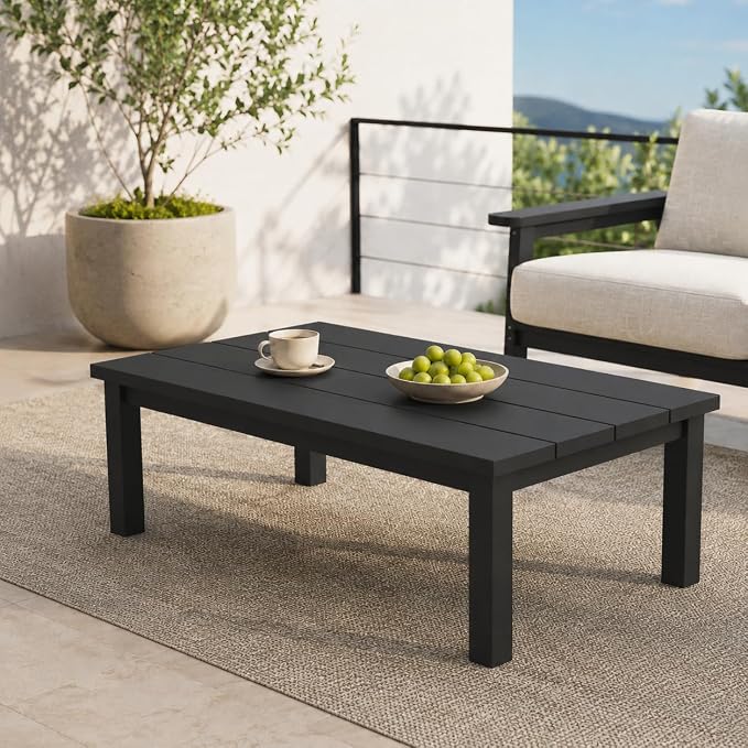 HDPE Outdoor Coffee Table, Weather-Resistant Rectangle Patio Coffee Table with Large Tabletop for Balcony, Deck, Garden, Poolside (Black)