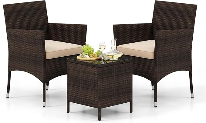 Tangkula 3 Pieces Patio Rattan Furniture Set, Outdoor Conversation Set with PE Wicker Armchairs, Tempered Glass Top Coffee Table, Soft Removable Cushions, for Porch Garden Yard Balcony (Beige)