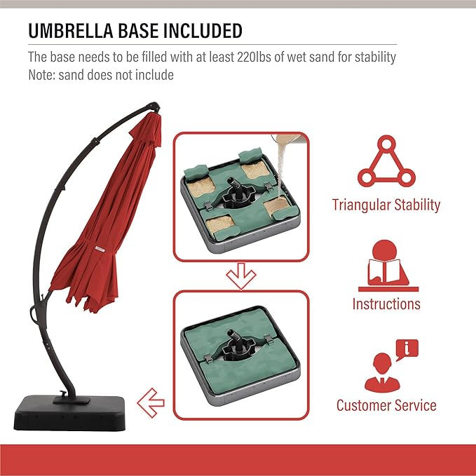 EO Living Outdoor Patio Umbrella with Base included, 11 FT Deluxe Curvy Cantilever Umbrella Heavy Duty Offset Hanging Umbrella with 360° Rotation for Pool, Garden, Backyard, Deck (Red)